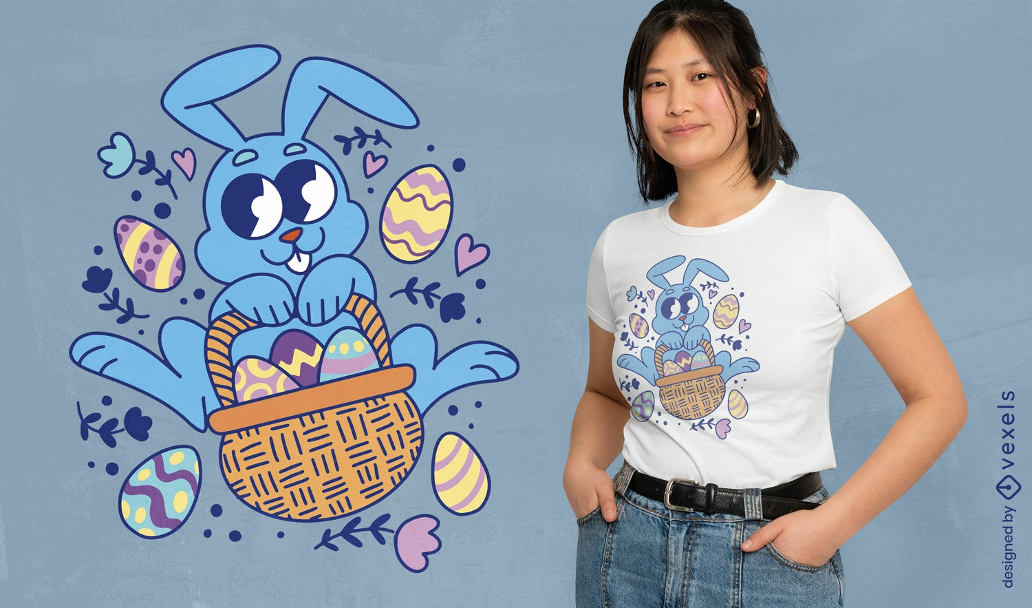 Diseño de camiseta de conejito de pascua con huevos