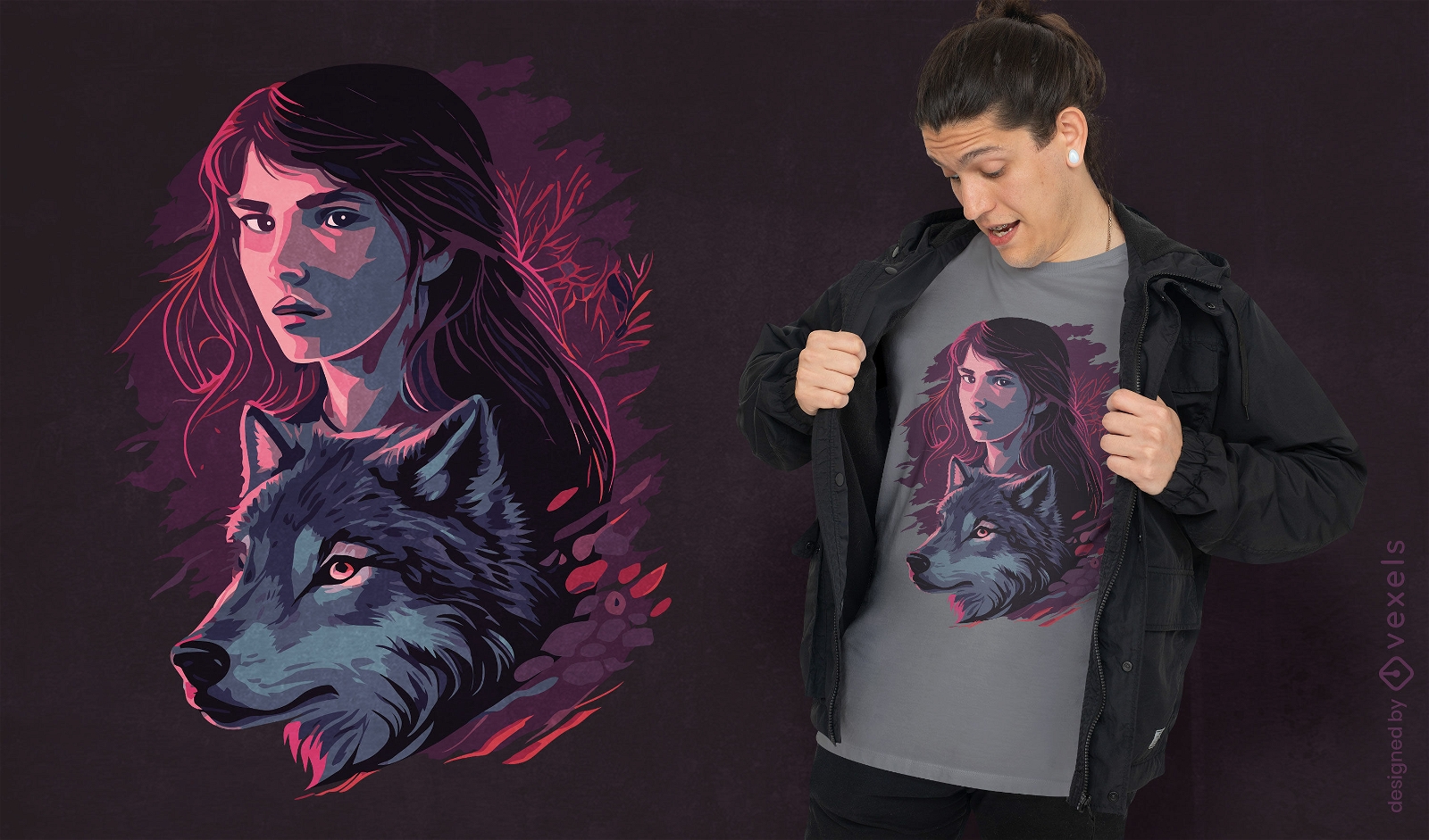 Design de camiseta animal de menina e lobo