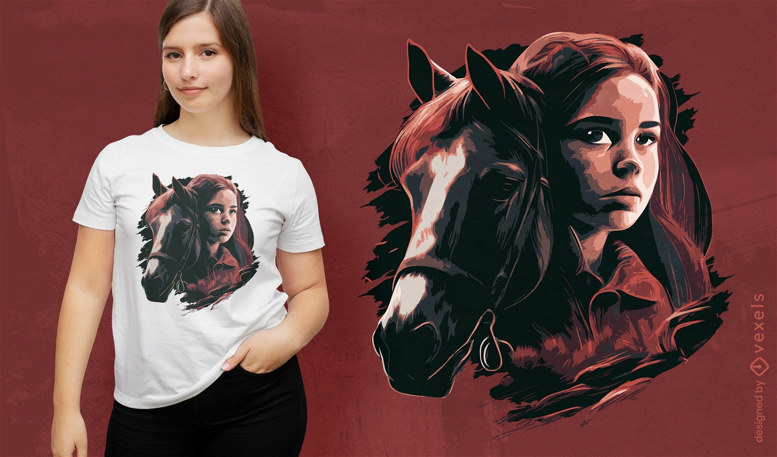 Dise?o de camiseta animal mujer y caballo.