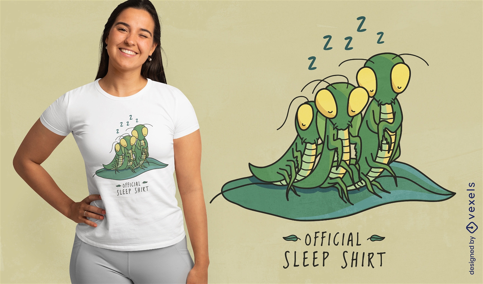 Design de camiseta para dormir de três louvas-a-deus