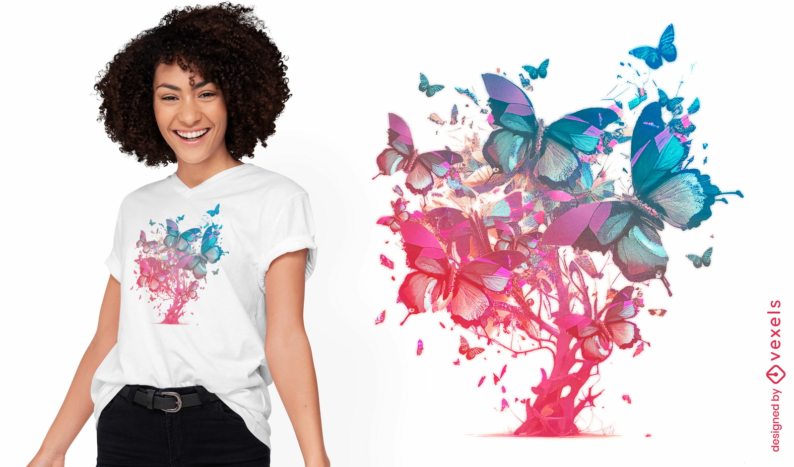 Diseño de camiseta colorida de árbol de mariposa.