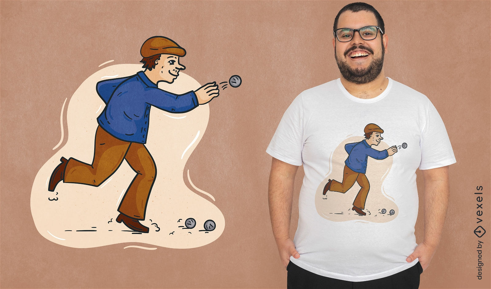 Personaje de hombre jugando diseño de camiseta de petanca.