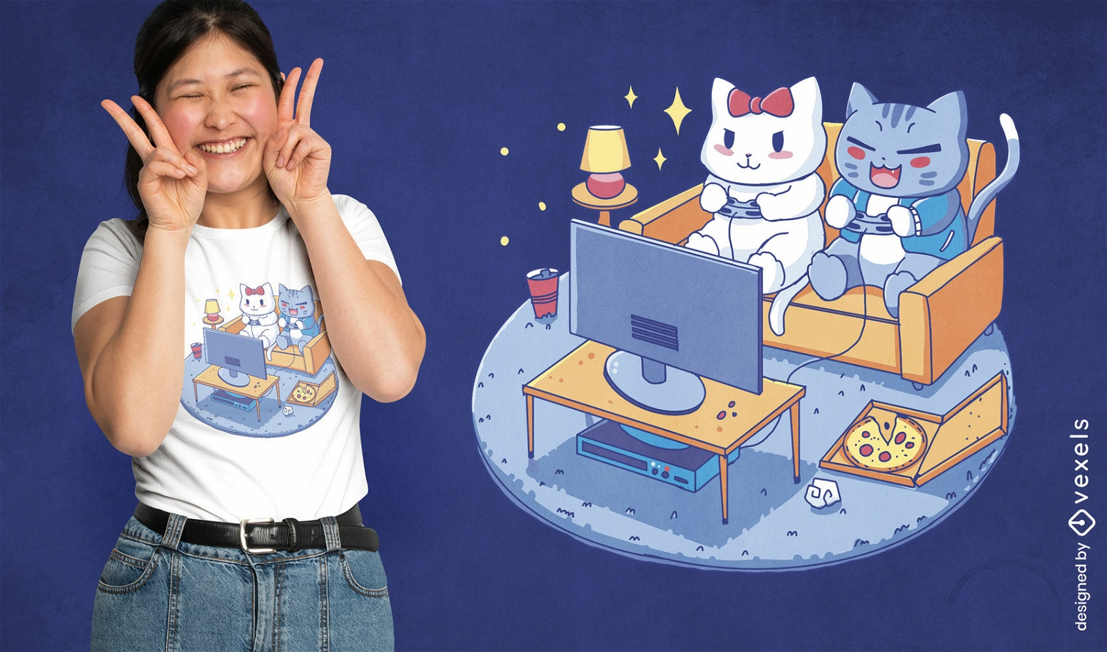 Diseño de camiseta de gatos jugando videojuegos.