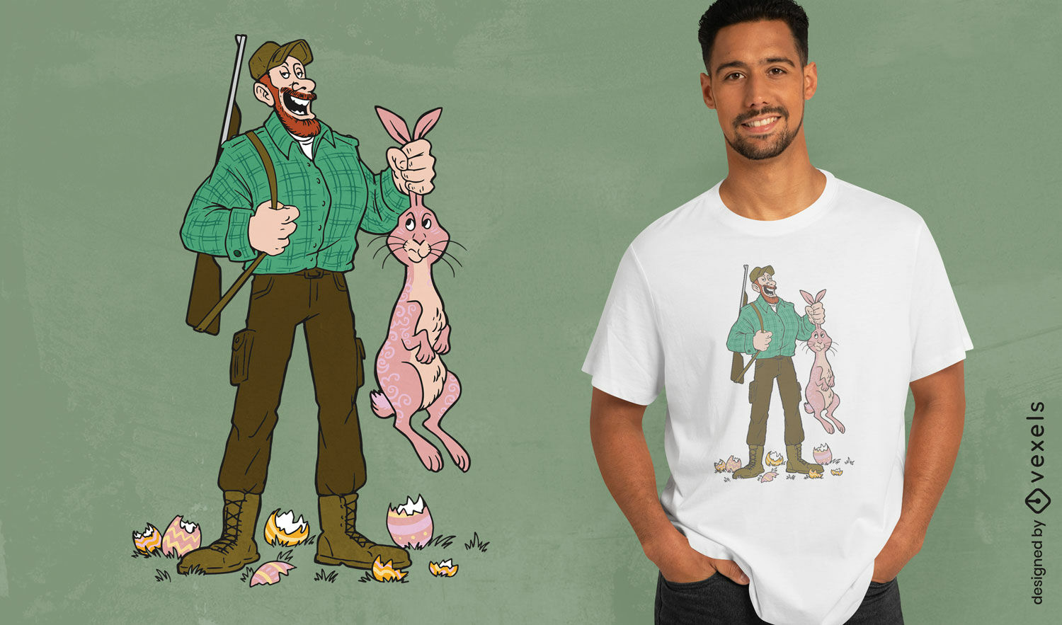 Diseño de camiseta de dibujos animados de cazador de animales de conejo