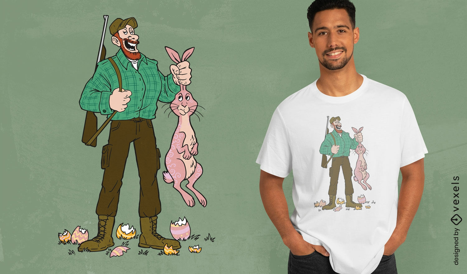Kaninchen-Tierjäger-Cartoon-T-Shirt-Design