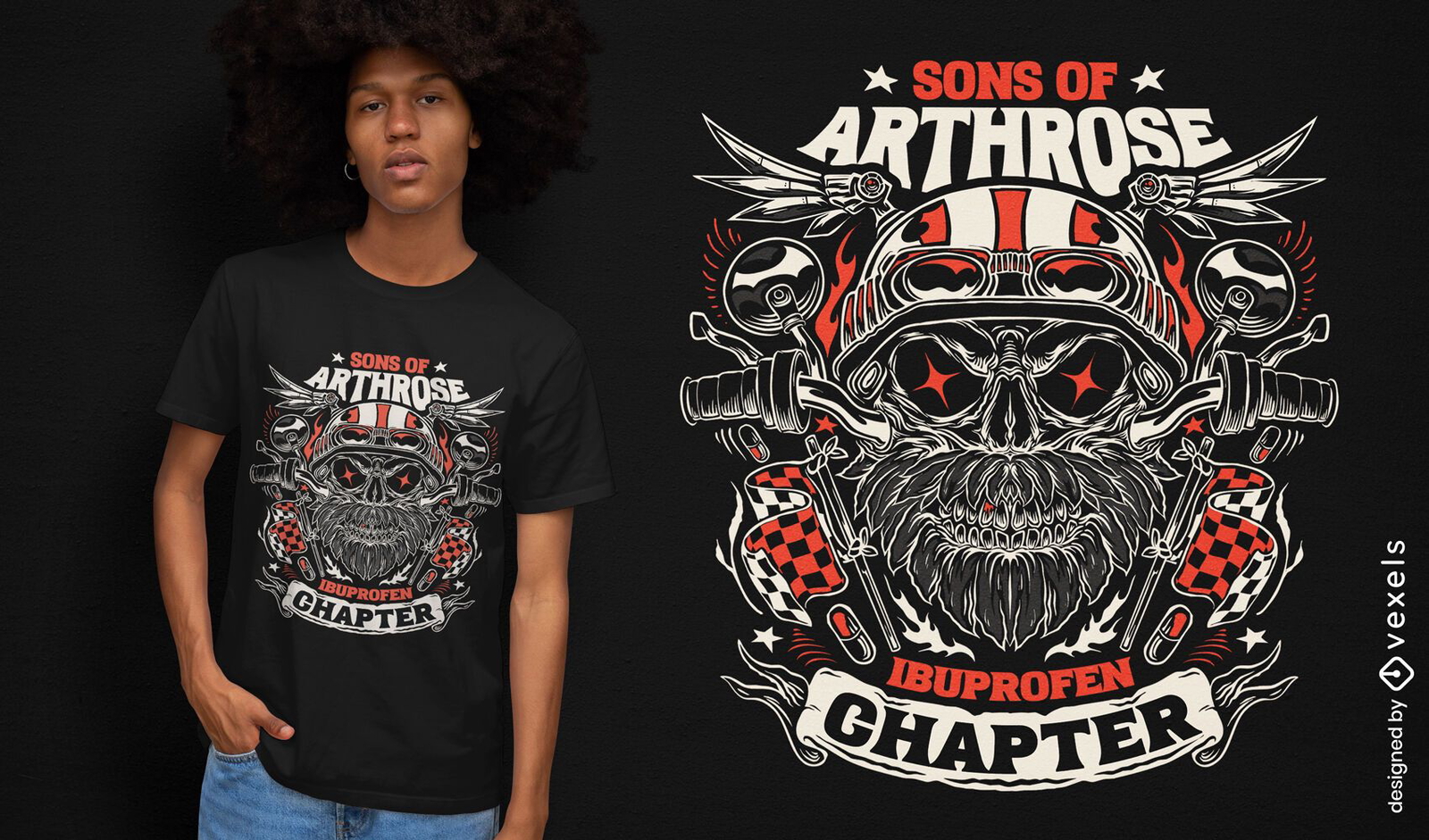 Diseño de camiseta de terror vintage de calavera de motociclista