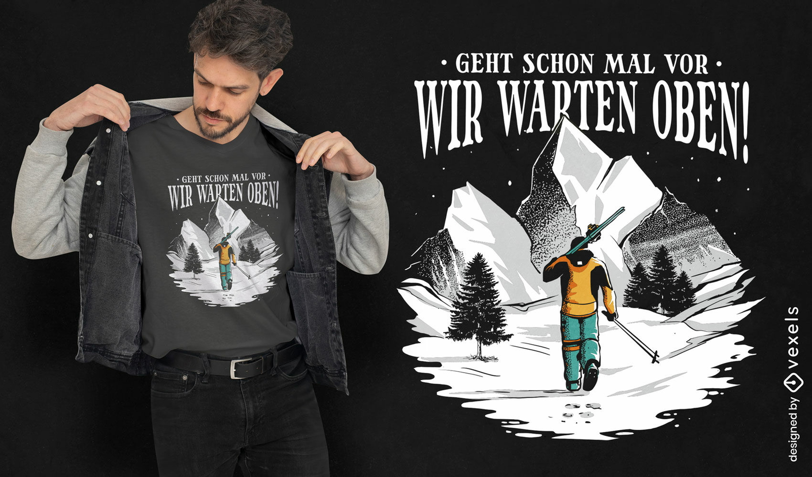 T-Shirt-Design für Männer, die in den Bergen Ski fahren