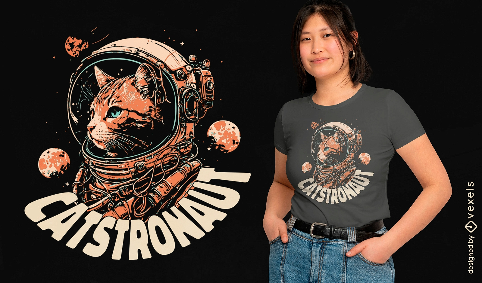 Design de camiseta de astronauta animal gato