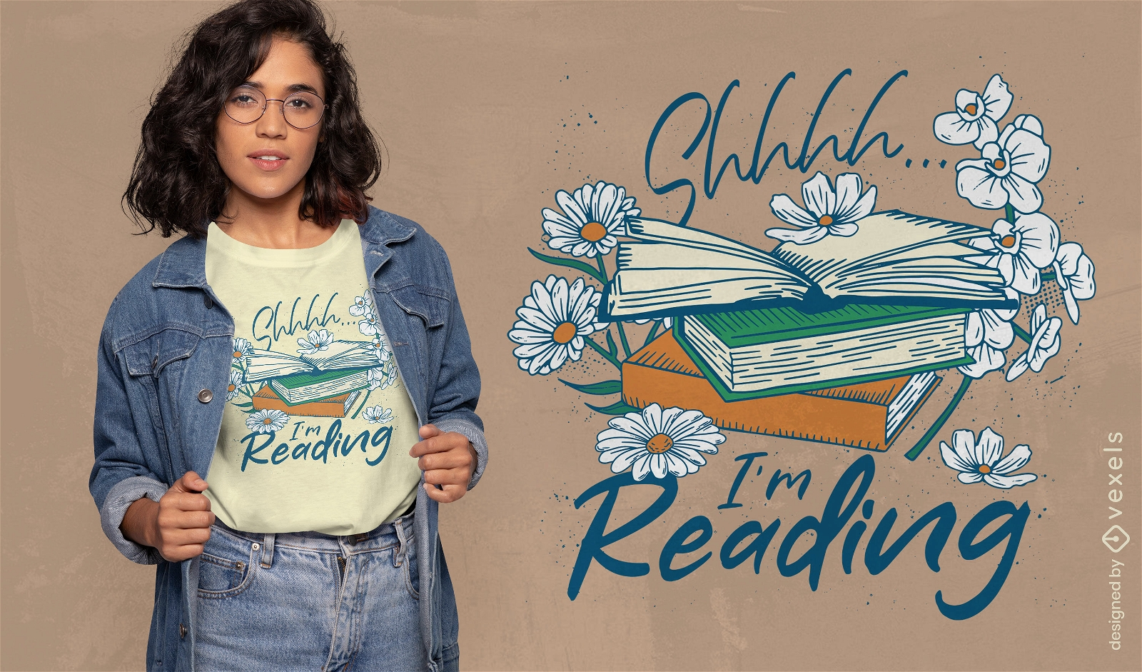 Diseño de camiseta de lectura de libros y flores.