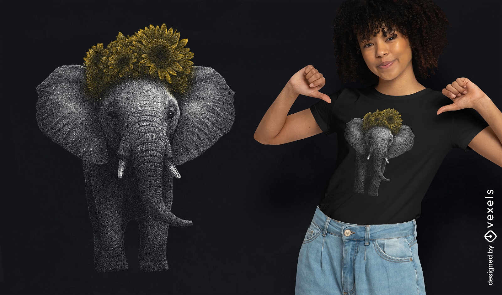 Design de camiseta de elefante com girassóis