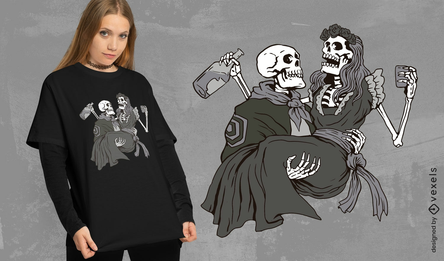Casal esqueleto bebendo design de camiseta