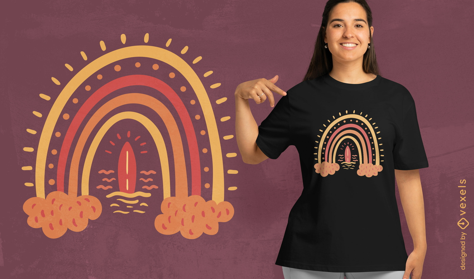 Design de camiseta de arco-íris e prancha de surf