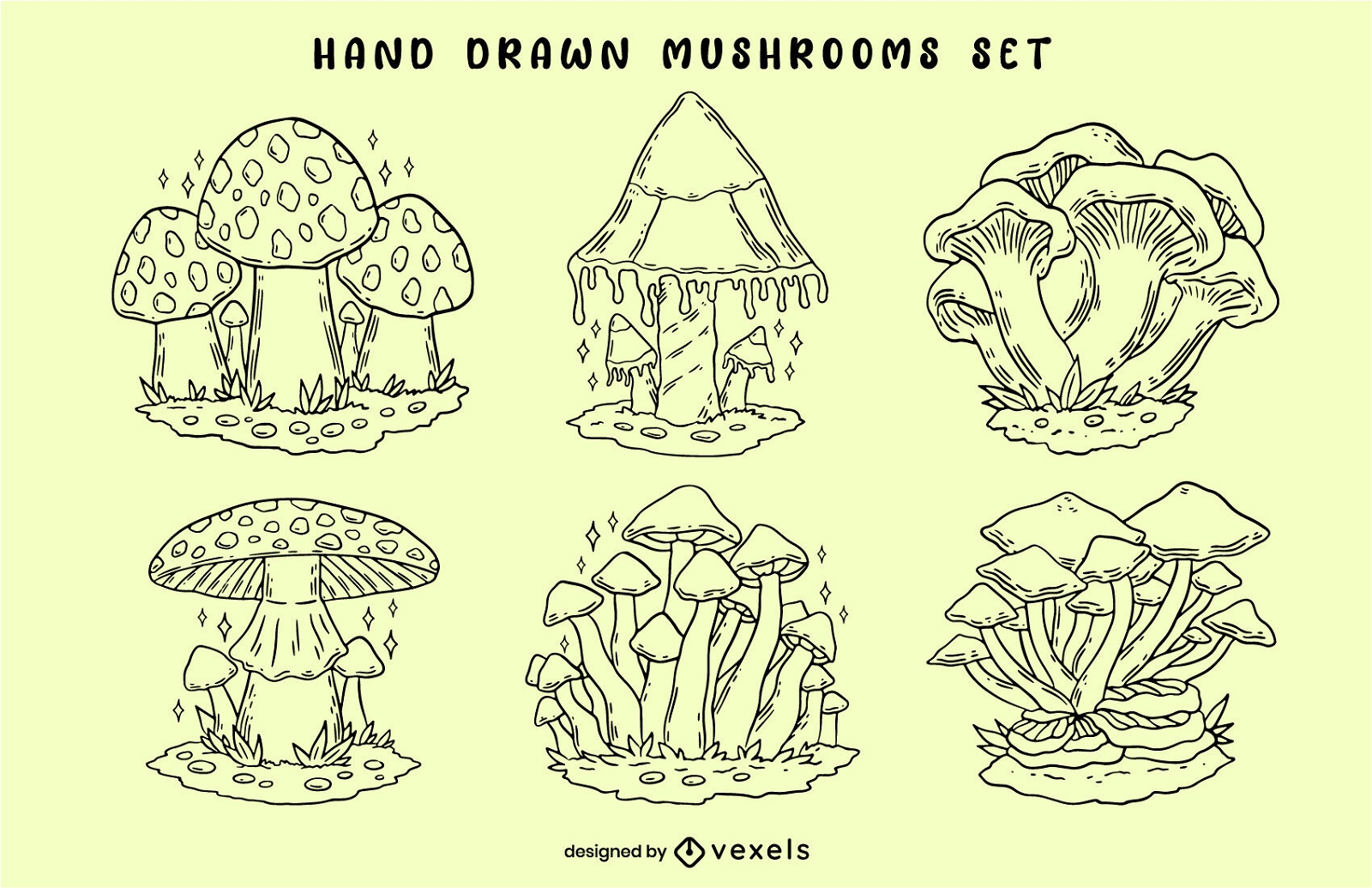 Cogumelos na natureza conjunto desenhado à mão