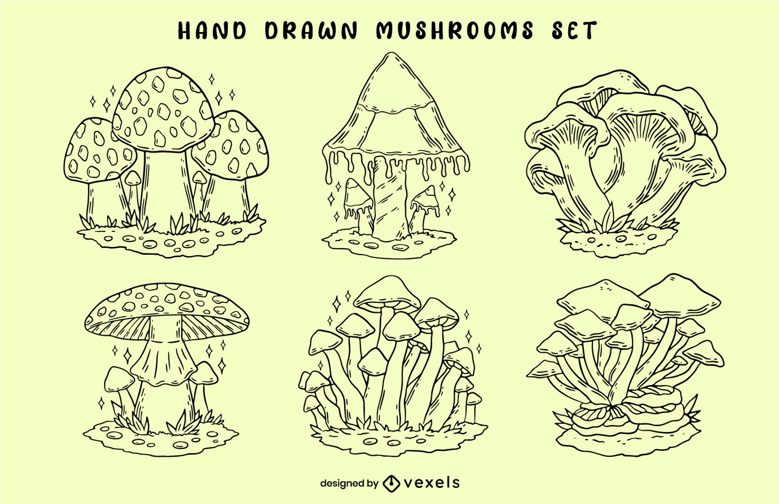 Mushrooms in nature hand drawn set
