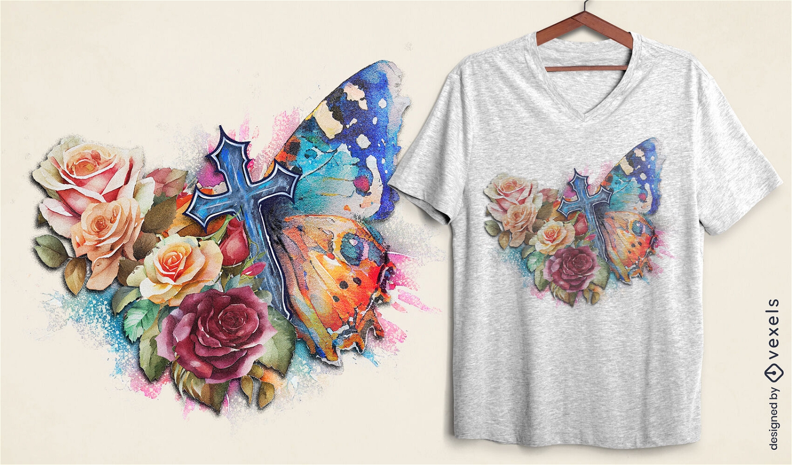 Diseño de camiseta de rosas y mariposas.
