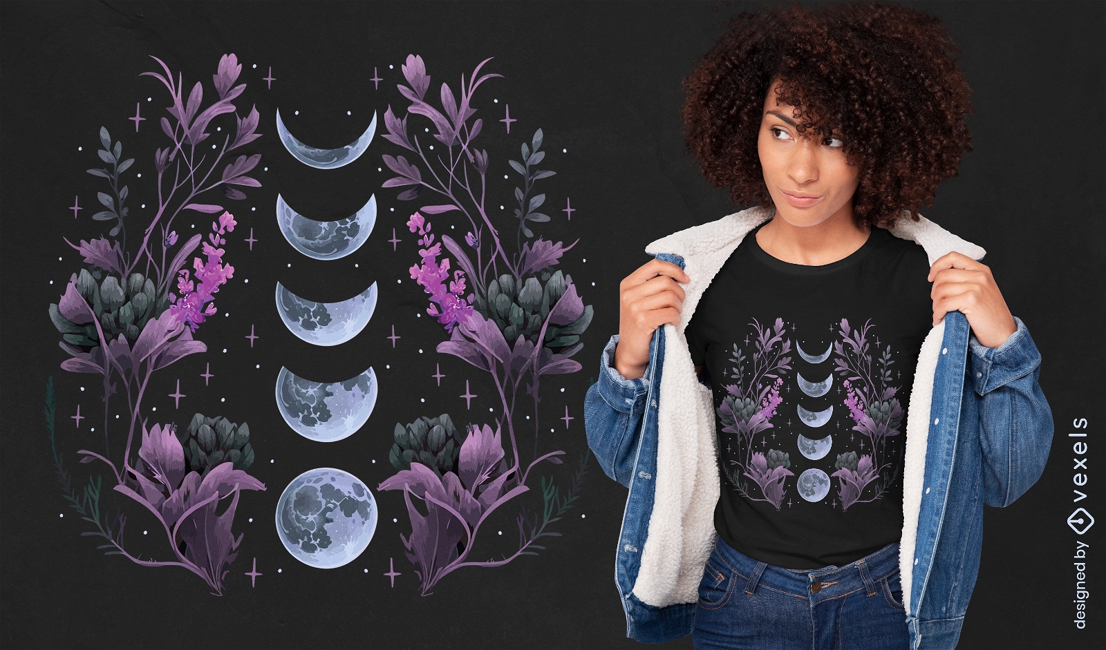 Design de camiseta com fases da lua escura