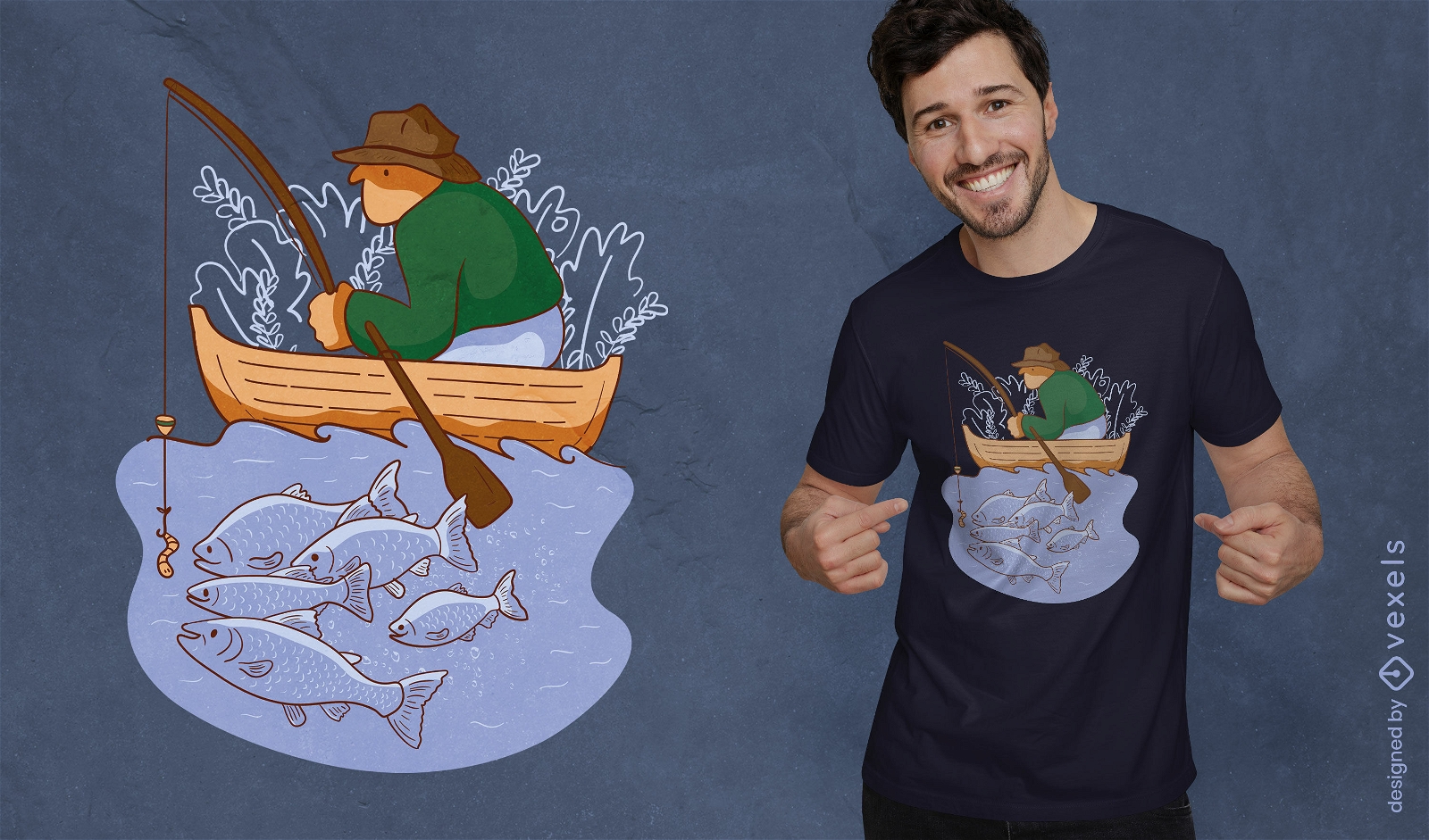 Pescador em um design de camiseta de barco