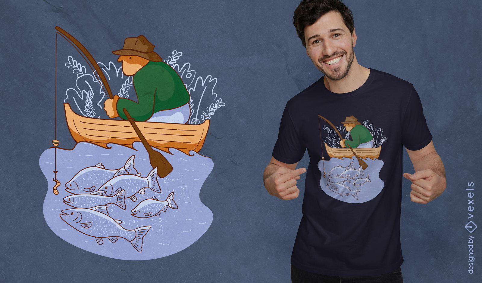 Pescador en un diseño de camiseta de barco.