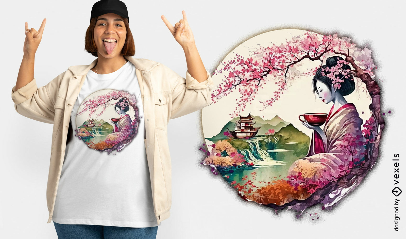 Diseño de camiseta de geisha japonesa y paisaje.