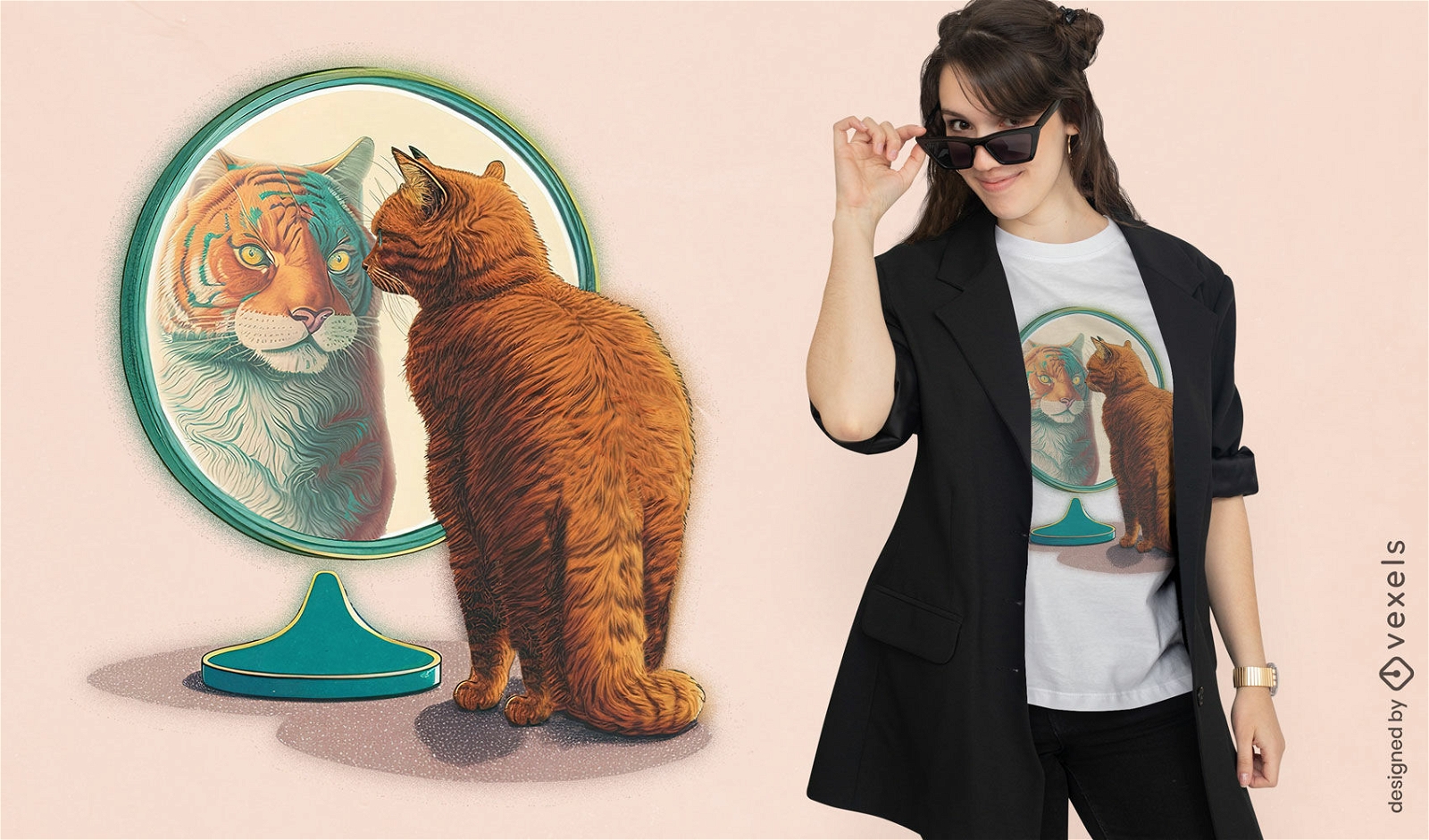 Diseño de camiseta reflejo gato-tigre.