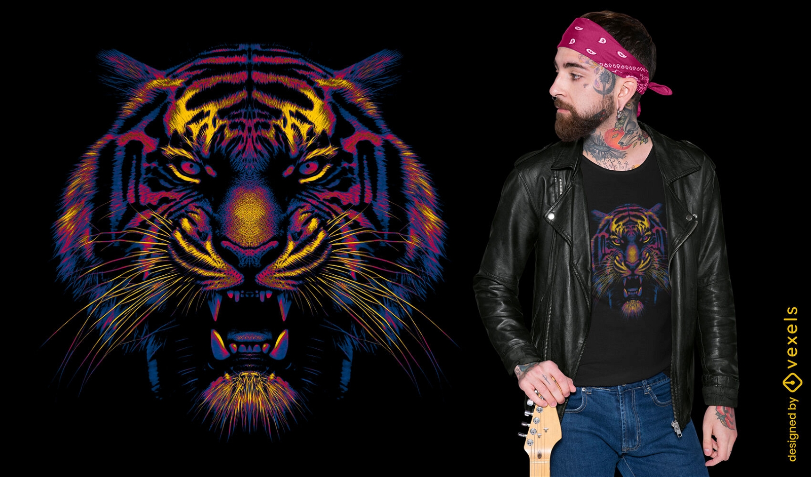 Diseño de camiseta con cara de tigre vibrante.