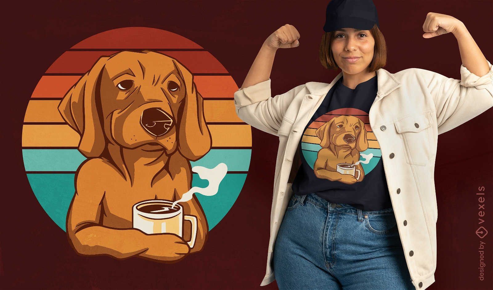 Hund trinkt Kaffee im Retro-T-Shirt-Design