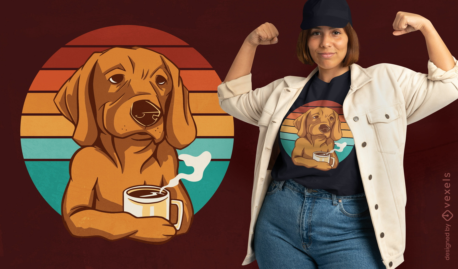 Perro bebiendo café diseño de camiseta retro.