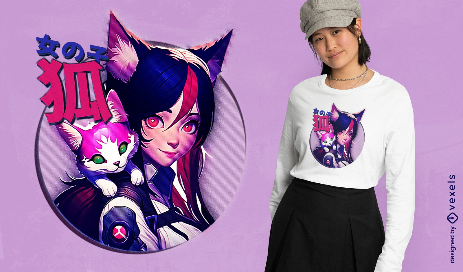 Anime-M?dchen mit Katzenohren-T-Shirt PSD