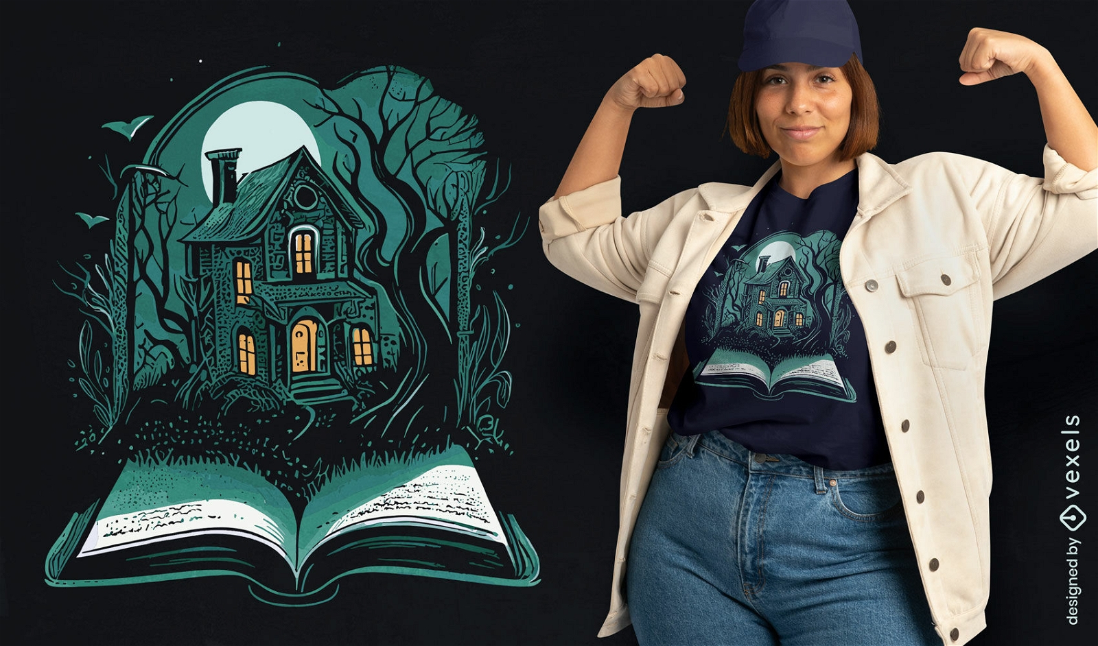 Diseño de camiseta de libro y casa embrujada.