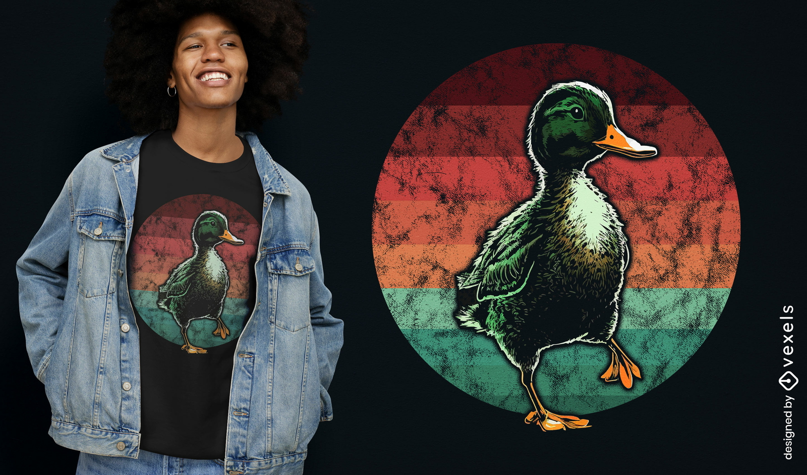 Design de camiseta retrô com pato e pôr do sol