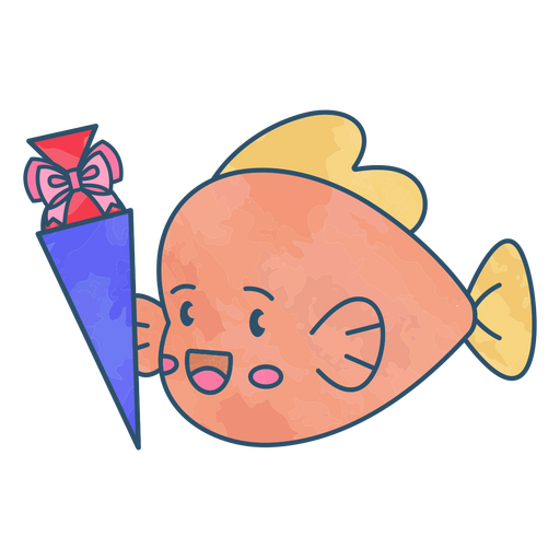 Pez de dibujos animados sosteniendo un paraguas rosa Diseño PNG
