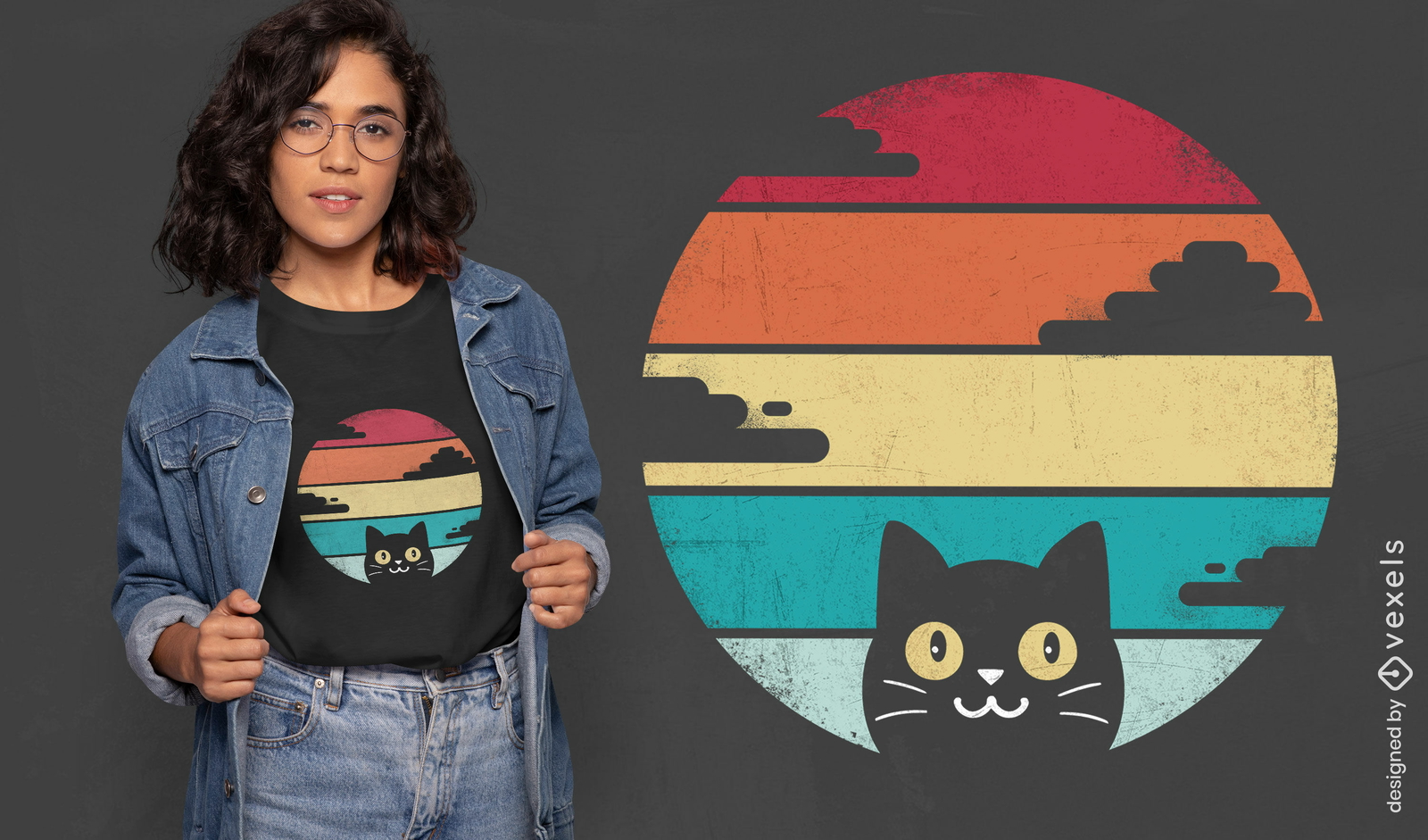 Design de camiseta retrô com gato e pôr do sol