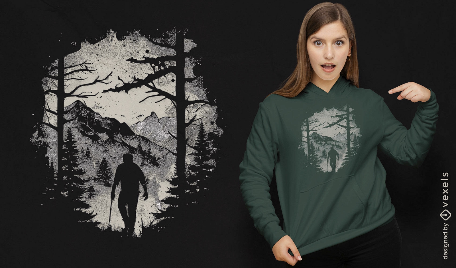 Design de camiseta para caminhante na floresta