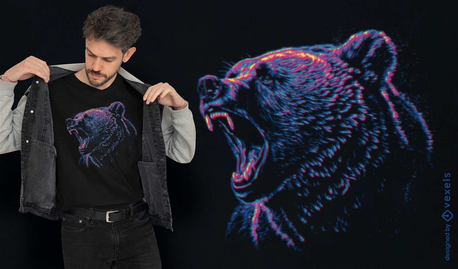 Design de camiseta do urso pardo rugindo
