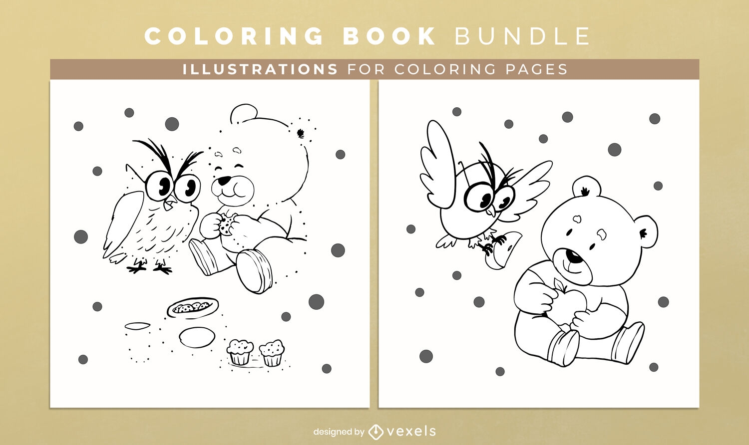 Páginas de design de livro para colorir bebê urso e coruja
