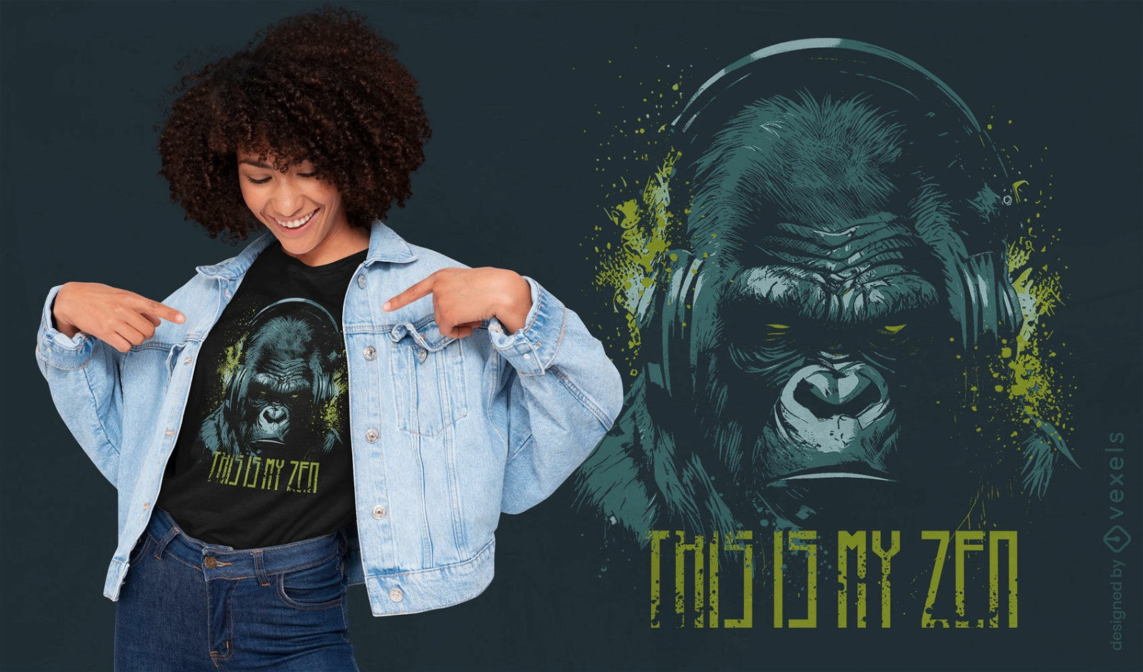 Gorila com design de camiseta com fones de ouvido