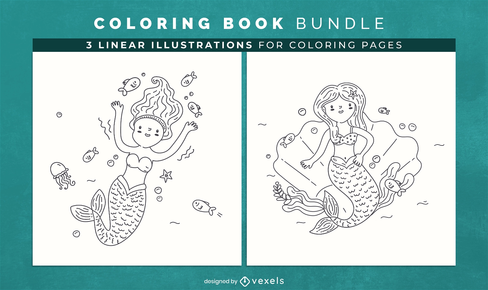 P?ginas de design de livro para colorir de desenhos animados de sereia