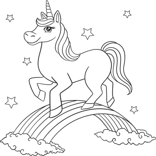 Dibujo en blanco y negro de un unicornio sobre un arcoíris. Diseño PNG