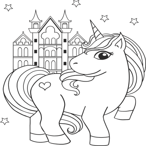 Dibujo en blanco y negro de un unicornio frente a un castillo. Diseño PNG