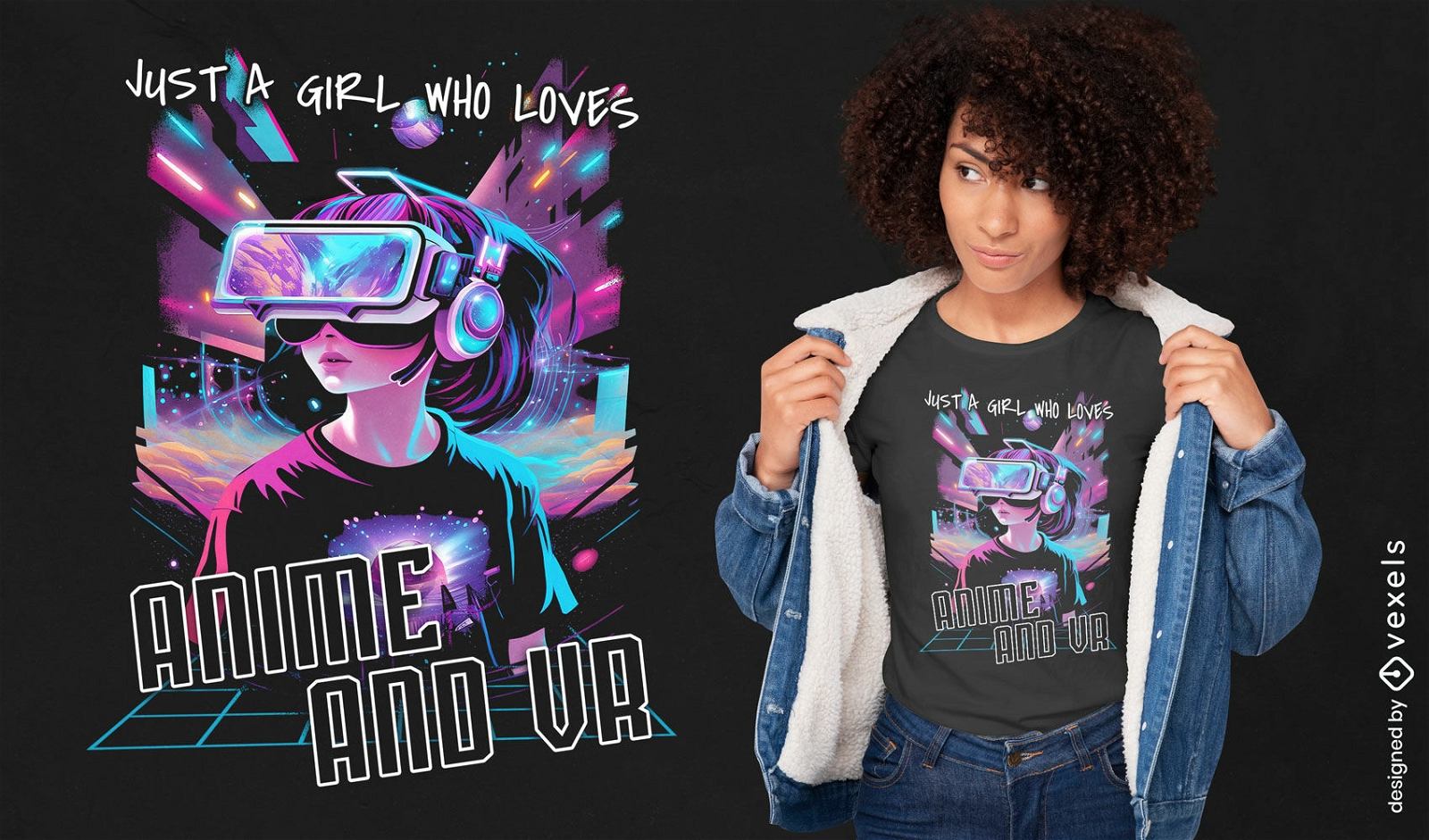 Anime-Mädchen und VR-T-Shirt-Design