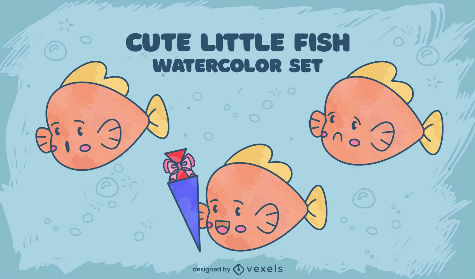 Oranfe cartoon fishes watercolor set