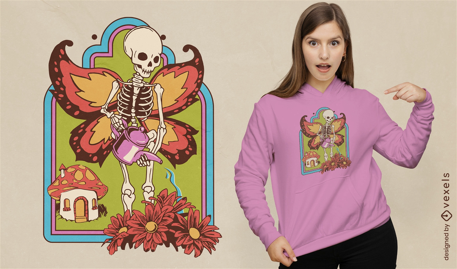 Skelett- und Blumen-T-Shirt-Design