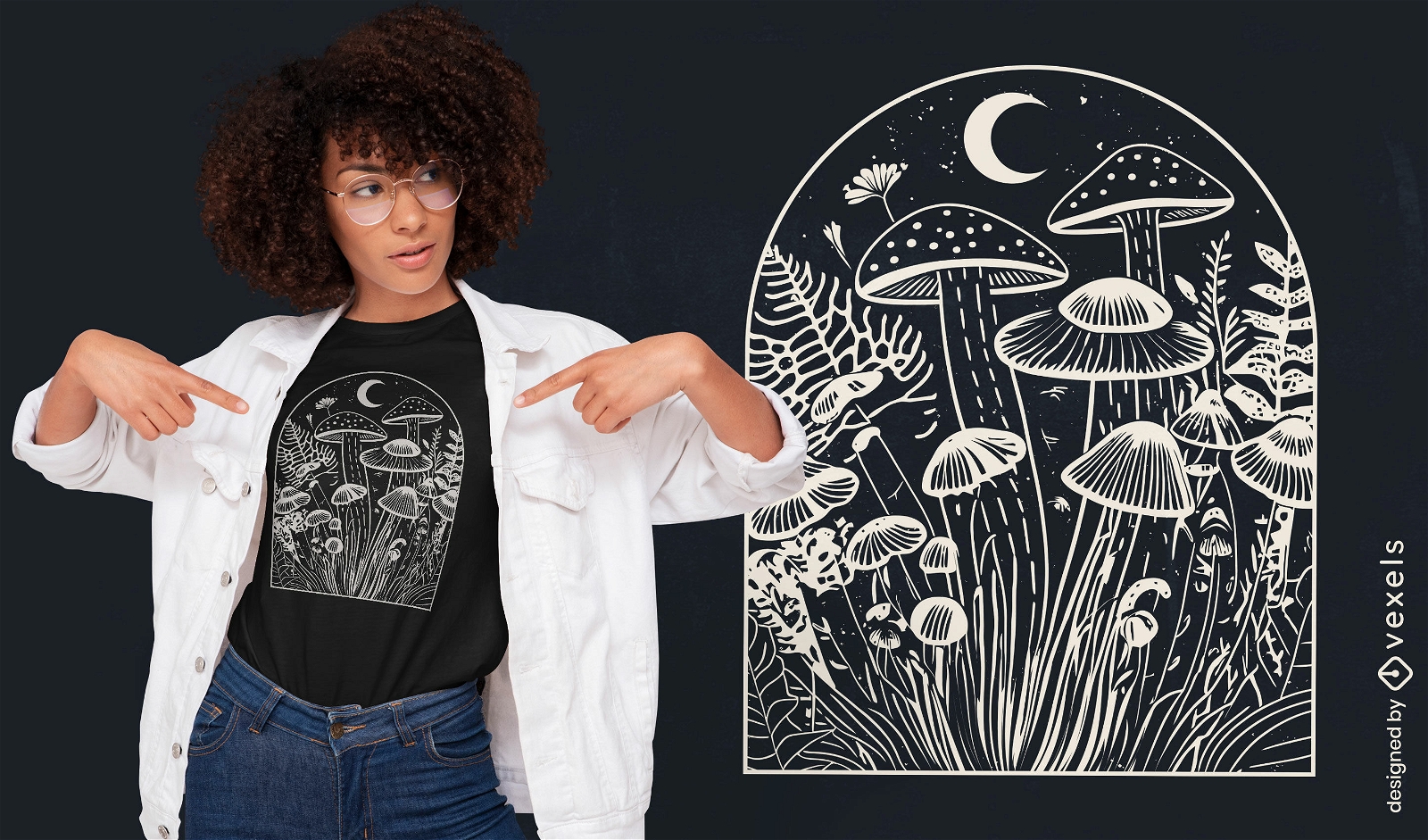 Design de camiseta de lua de floresta de cogumelo