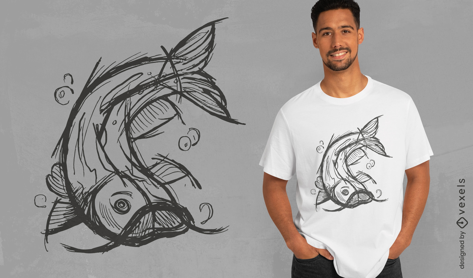 Esboço de peixe-gato desenhado à mão design de camiseta