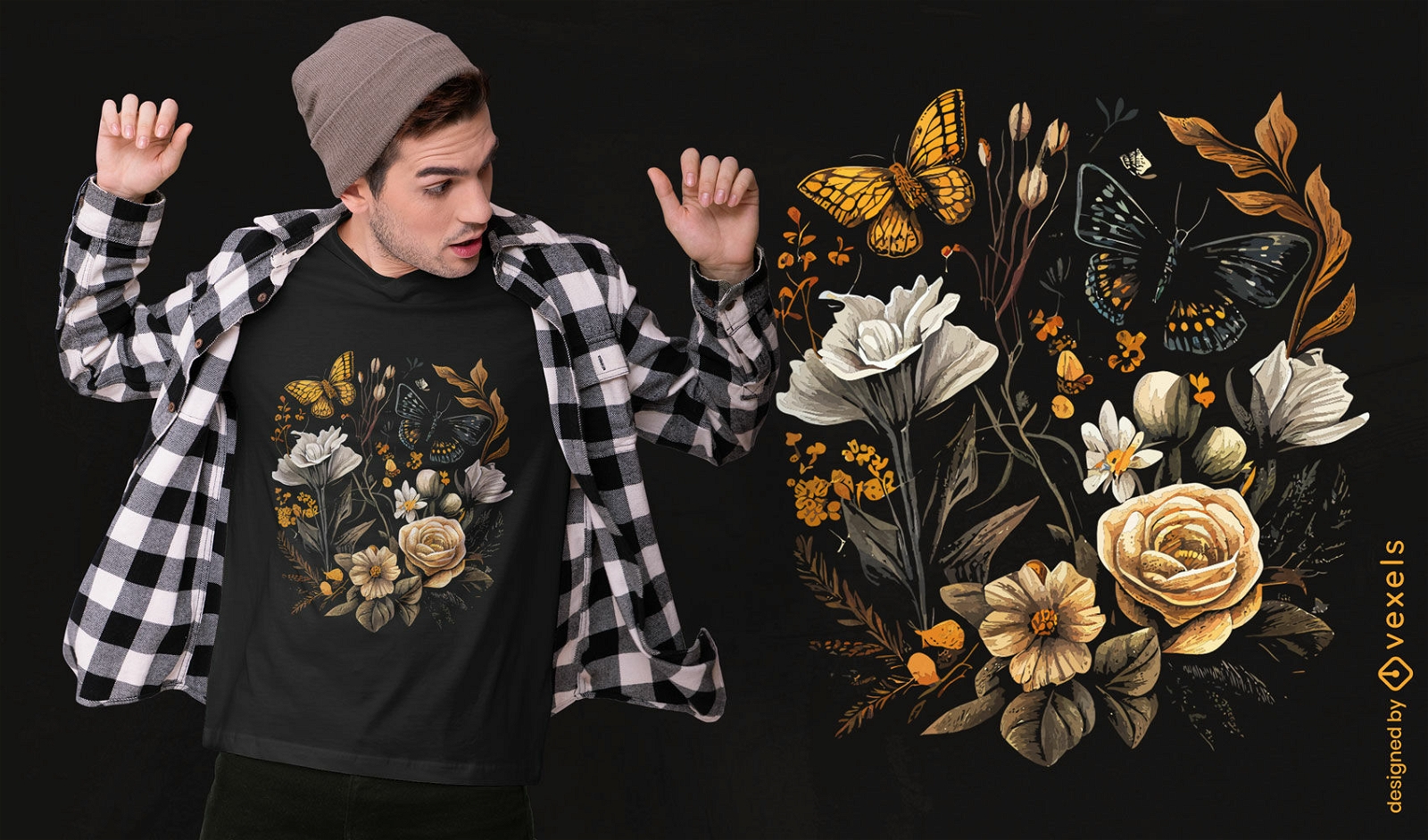 Realistisches botanisches T-Shirt-Design mit Blumen