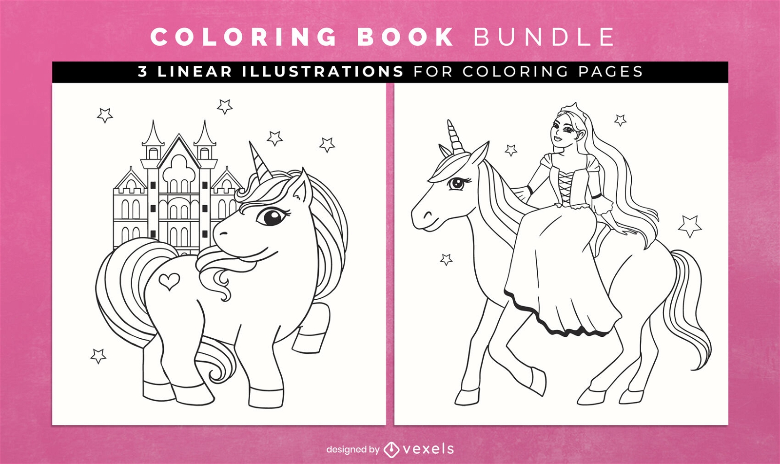 Cute unicorn and princess coloring book design pages