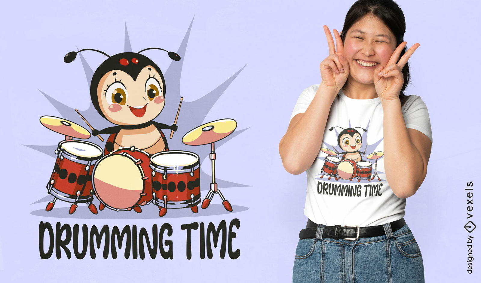 Design de camiseta tocando bateria de joaninha