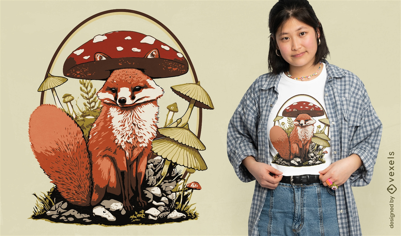 Design de camiseta de animal de raposa e cogumelos