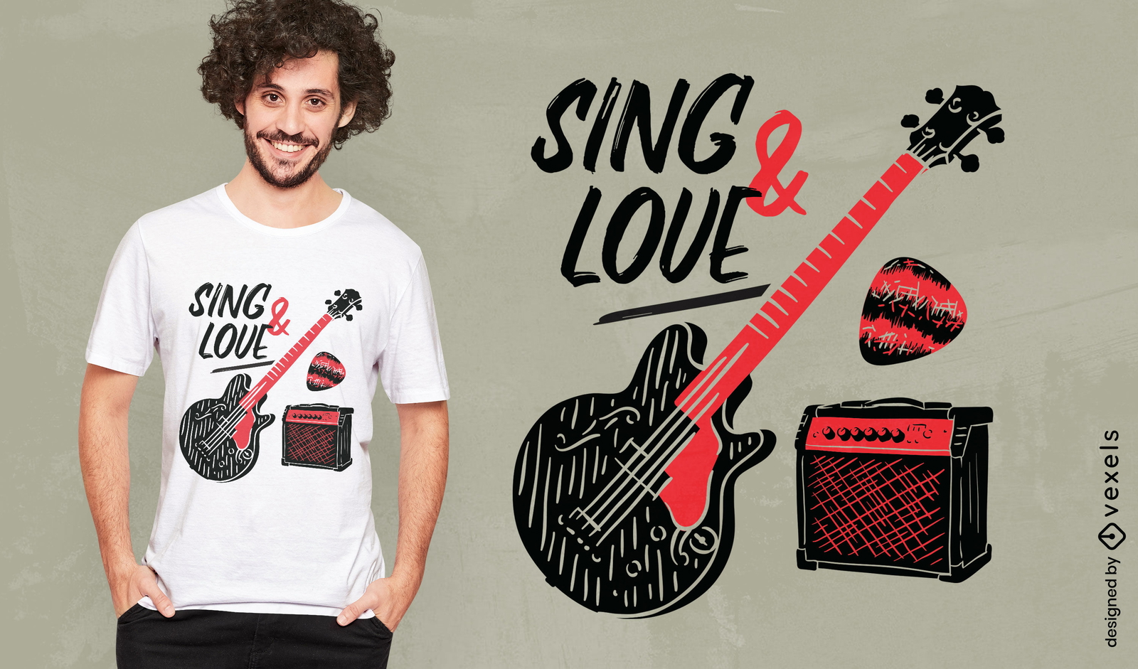 Design de camiseta vermelha e preta de guitarra elétrica