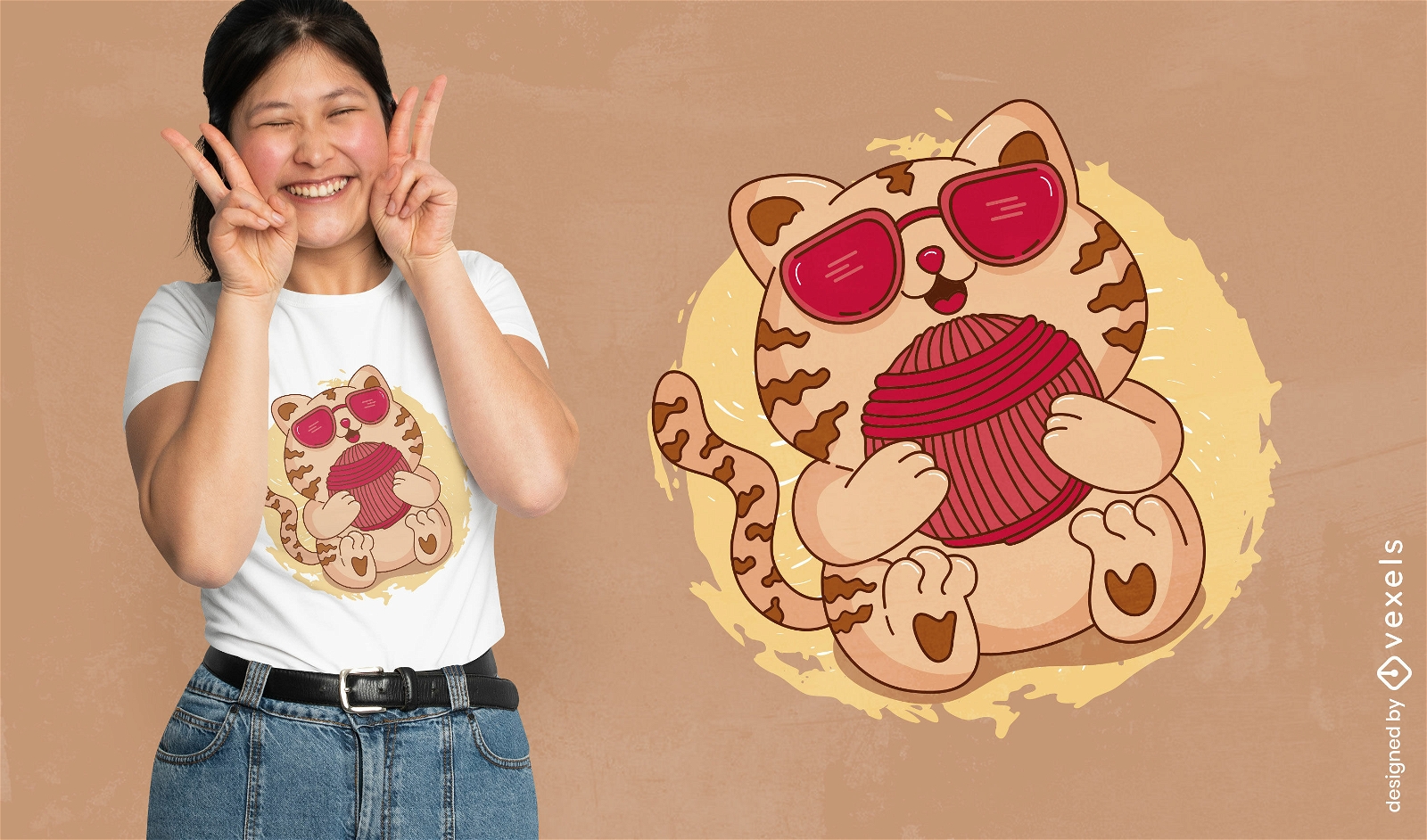 Gato bonito com design de camiseta de bola de lã